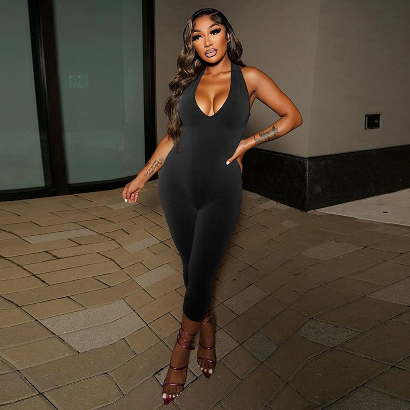 Women's Halter Deep V-Neck High-Slit Backless Cropped Jumpsuit