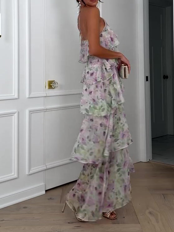 Floral Halterneck Sleeveless Ruffle Dress