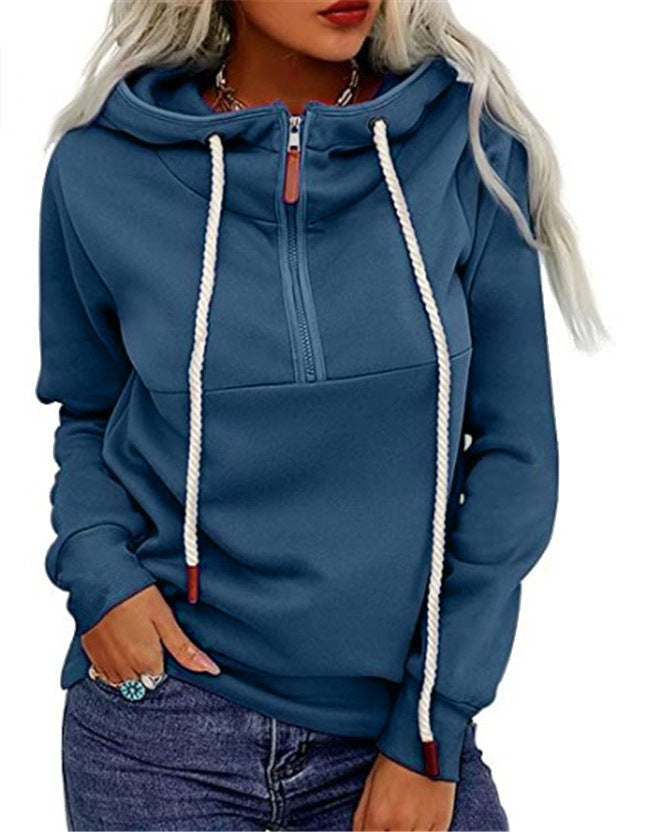 Front Middle Zipper Plus Velvet Hooded Sweater