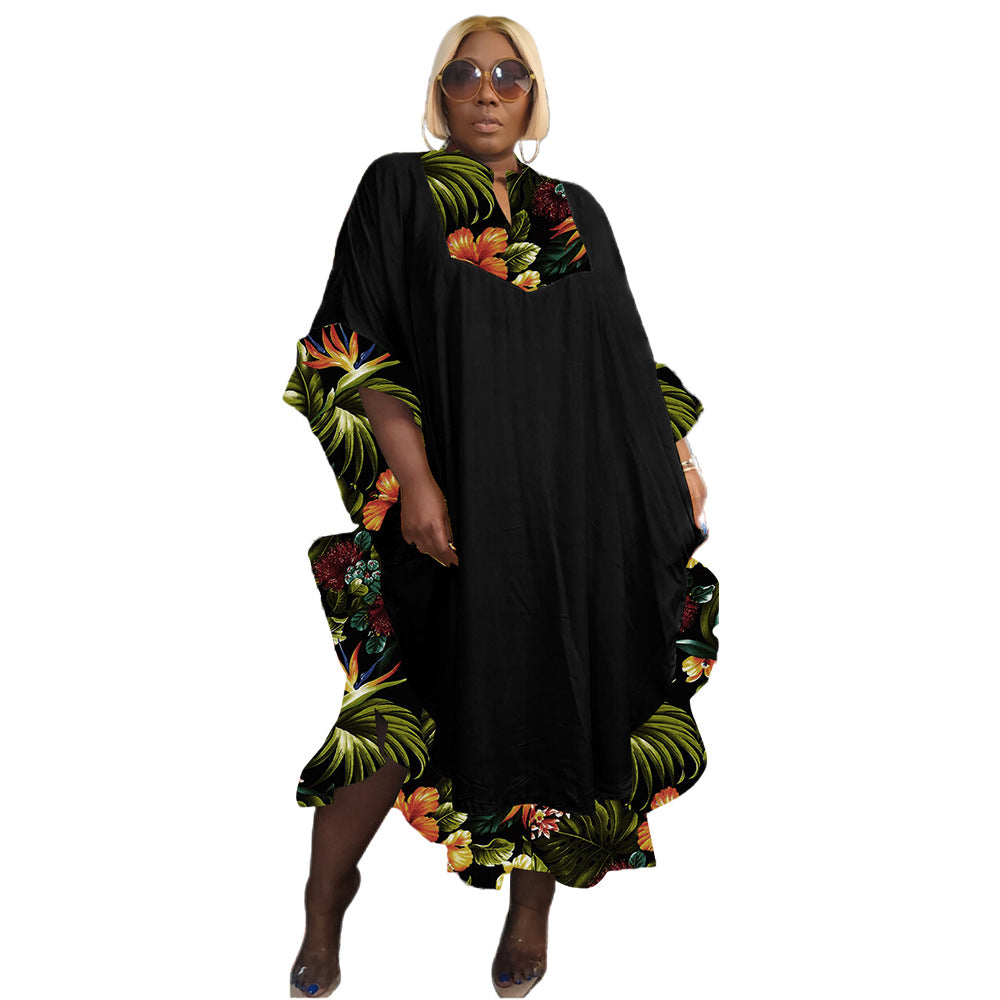 Lace-trimmed Printed Patchwork Plus-size Dress