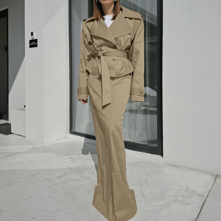 Turn-down Collar Long-sleeve Trench Coat And Commuter Two-piece Set