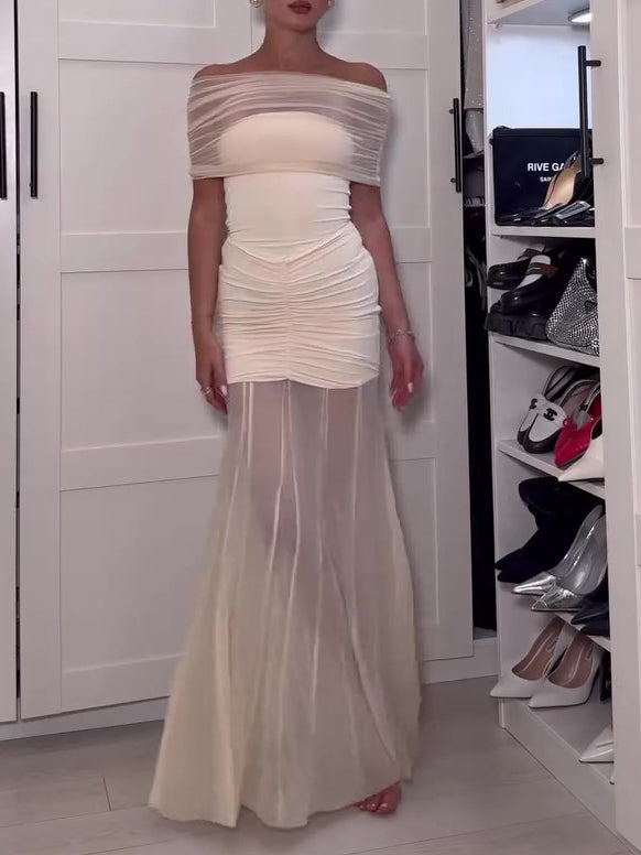 Apricot Patchwork Mesh Pleated Off-shoulder Dress