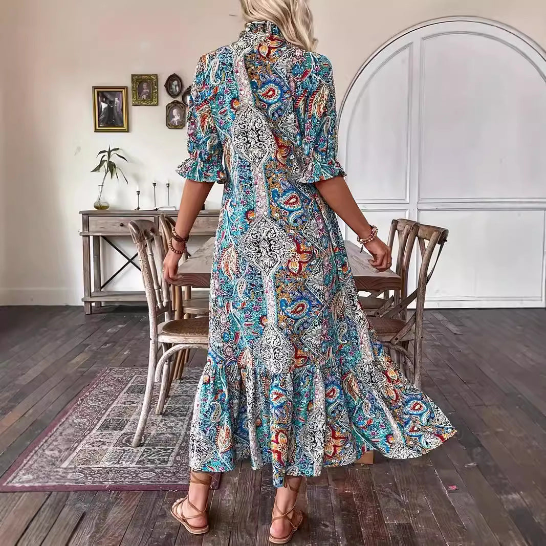 New Women's Fashion Printed Lace-up Mid-sleeve Ruffled Dress