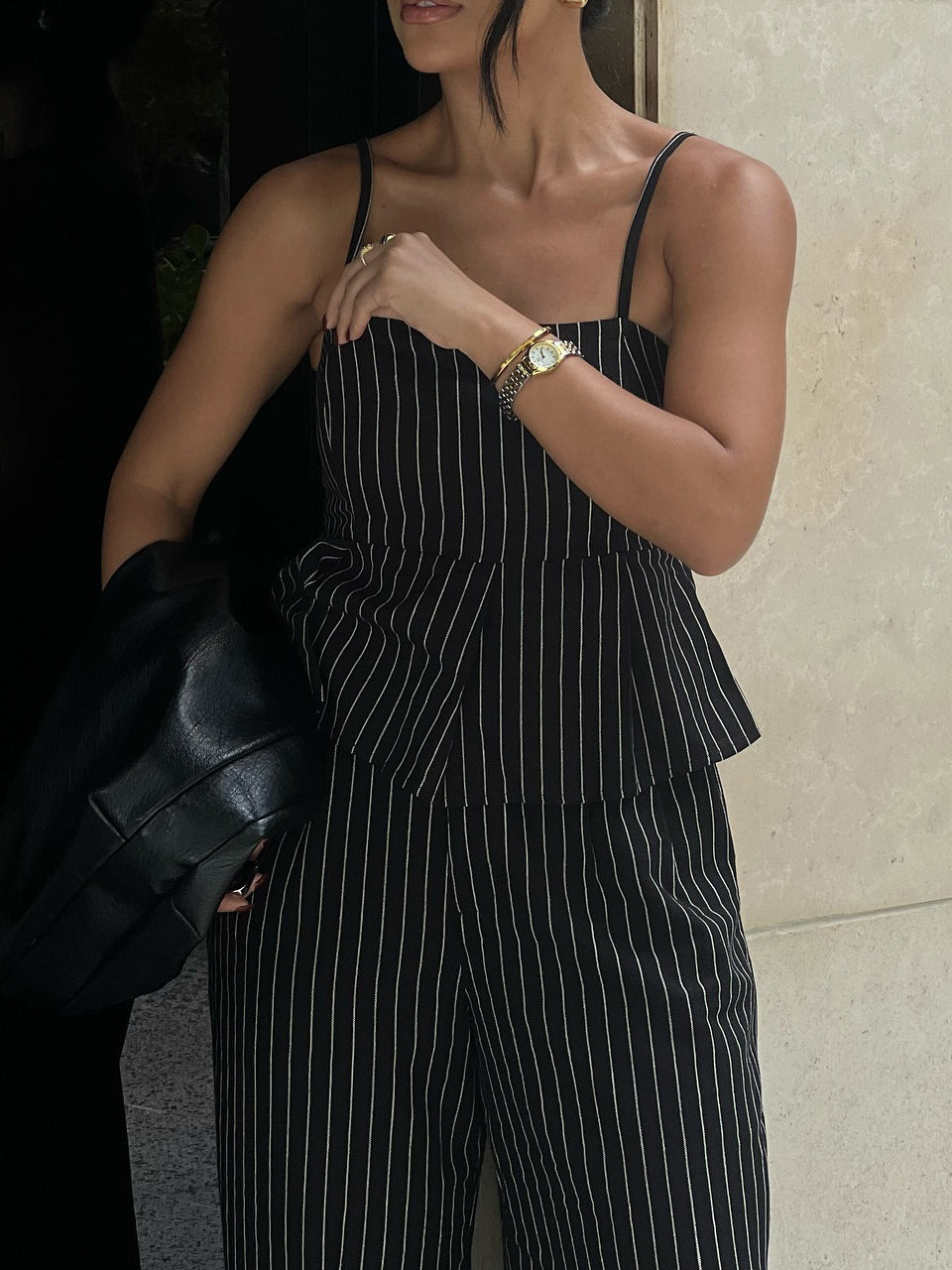 Striped Suspender Ruffle High-waisted Wide-leg Pants Suit