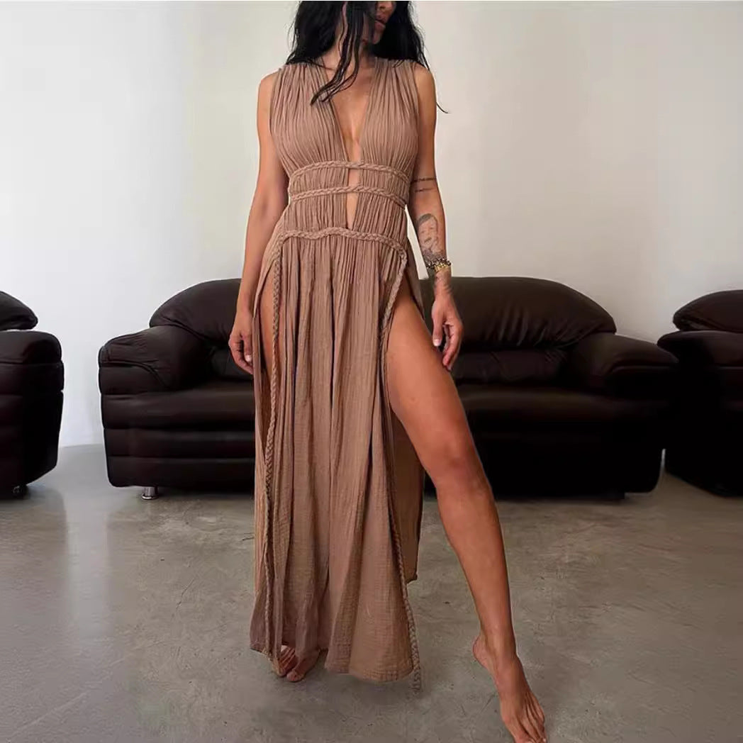 Women's Solid-Colored Linen-blend Sleeveless Hollow-out Dress With Waist Belt