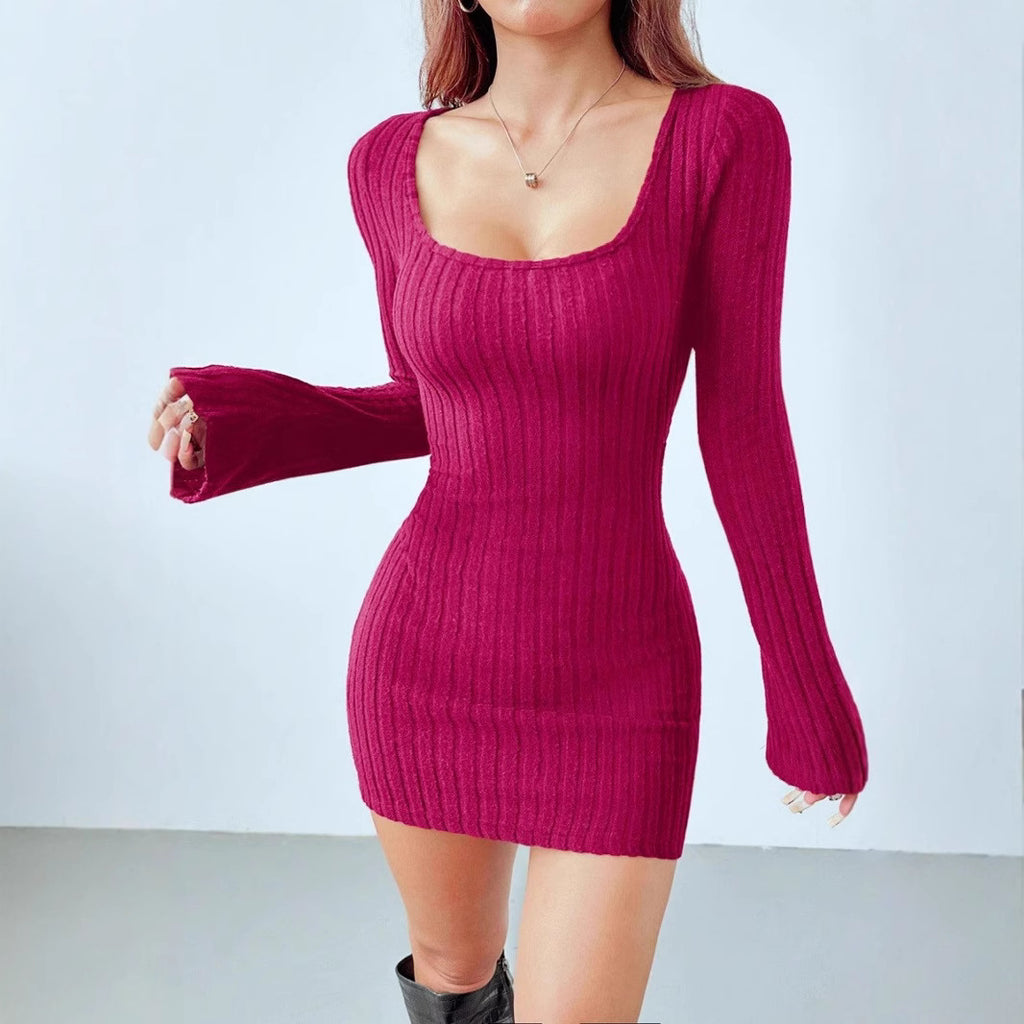 Women's Square-neck Ribbed Long-sleeve Slim-fit Solid-color Dress