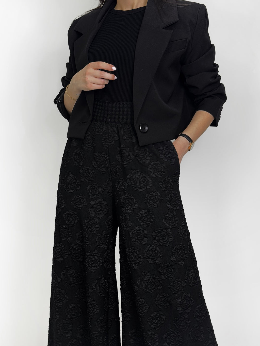 Black Rose Jacquard Wide Leg Pants