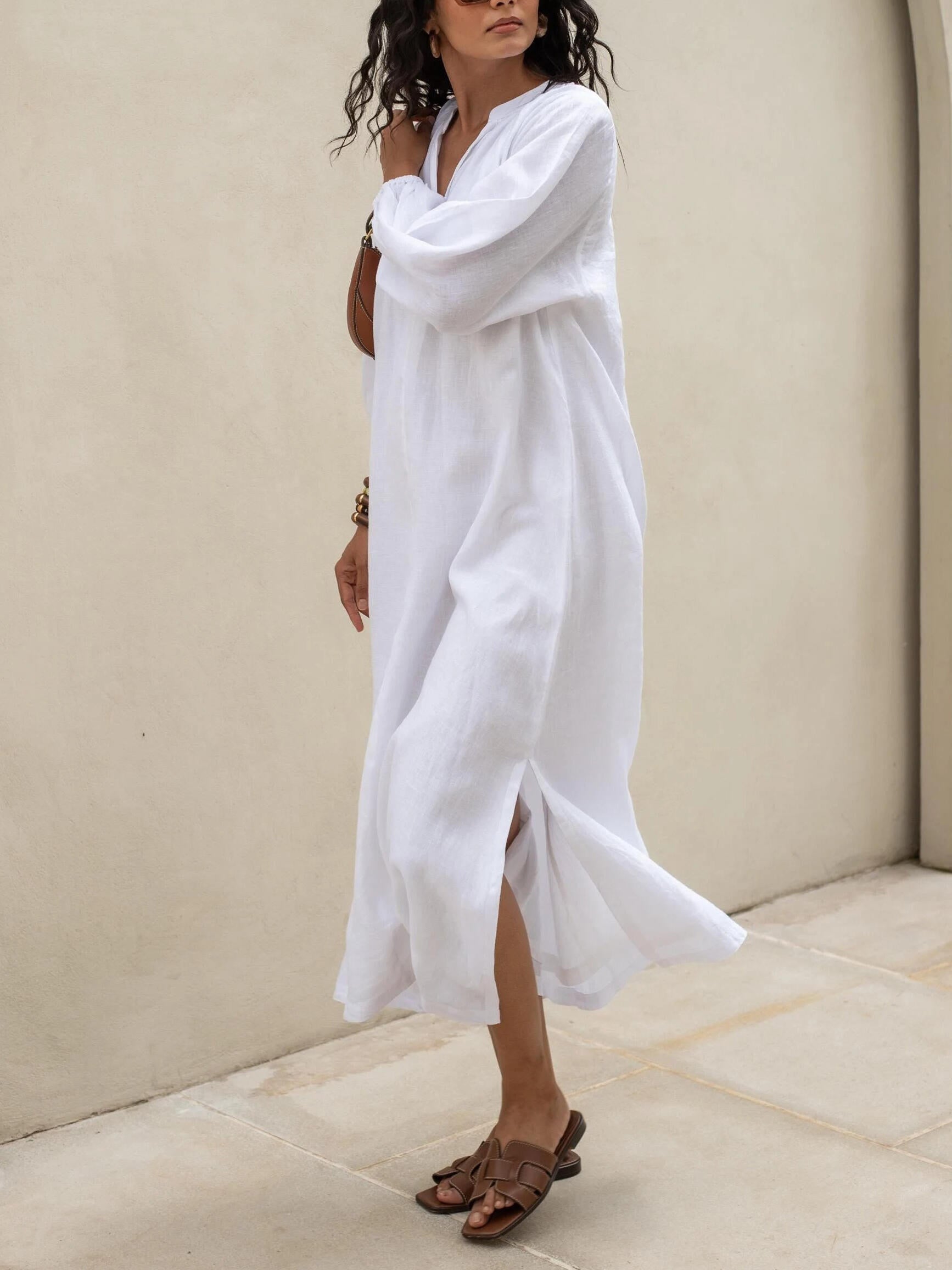 Solid Color V-neck Long Sleeve Dress