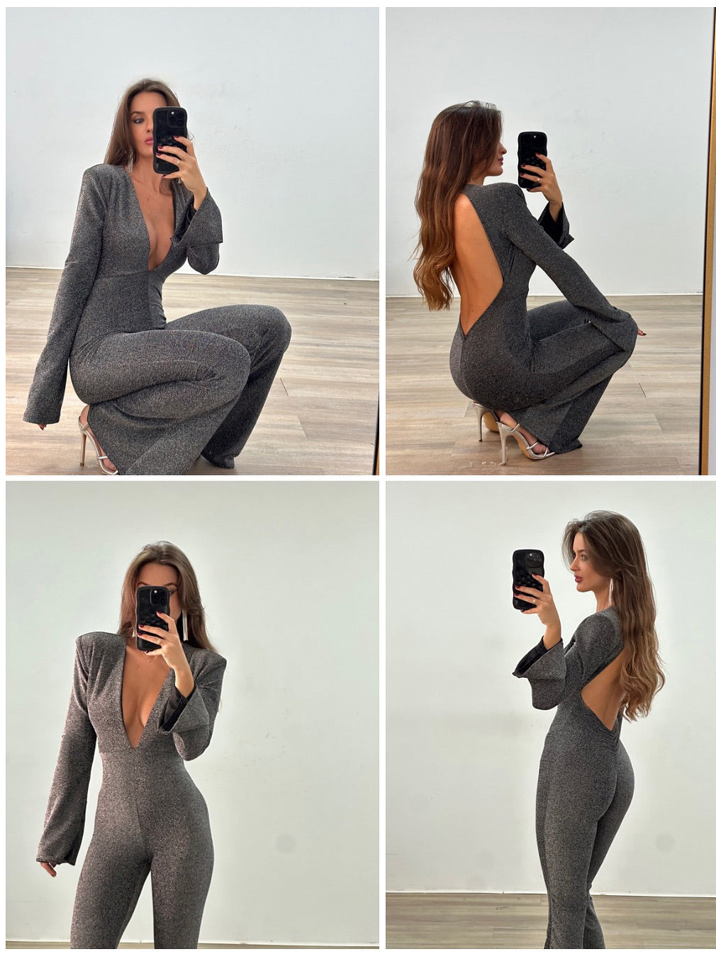 Gray Deep V Long-sleeved Backless Jumpsuit