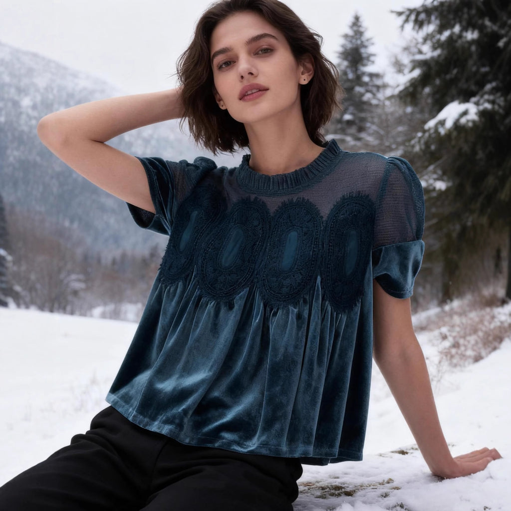 Women's Fashion Mesh Embroidered Crew-Neck Pullover Solid Color Top
