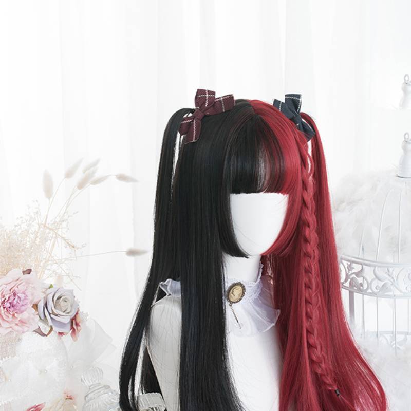 Princess cut long straight hair double ponytail wig