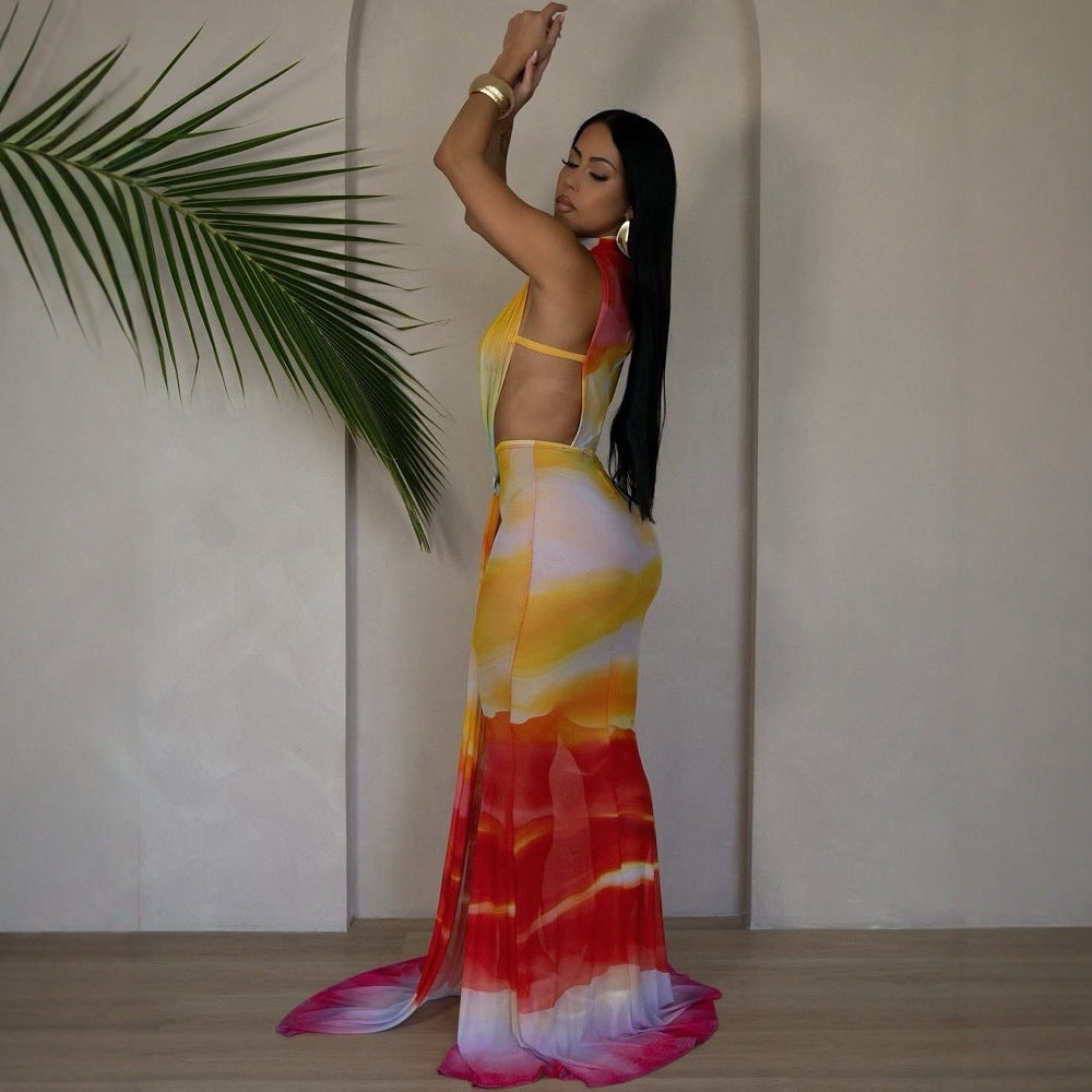 Elegant Gradient-Color Strap Design Bodycon Maxi Dress For Women