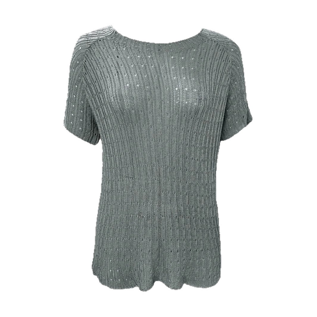 Women's Solid-color Crew-neck Hollow-out Mesh Knit Short-sleeve