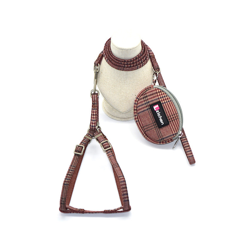 Cotton plaid pet leash collar with snack bag