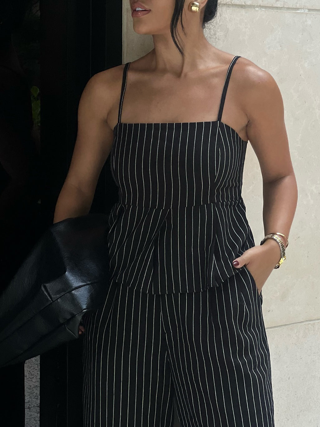 Striped Suspender Ruffle High-waisted Wide-leg Pants Suit