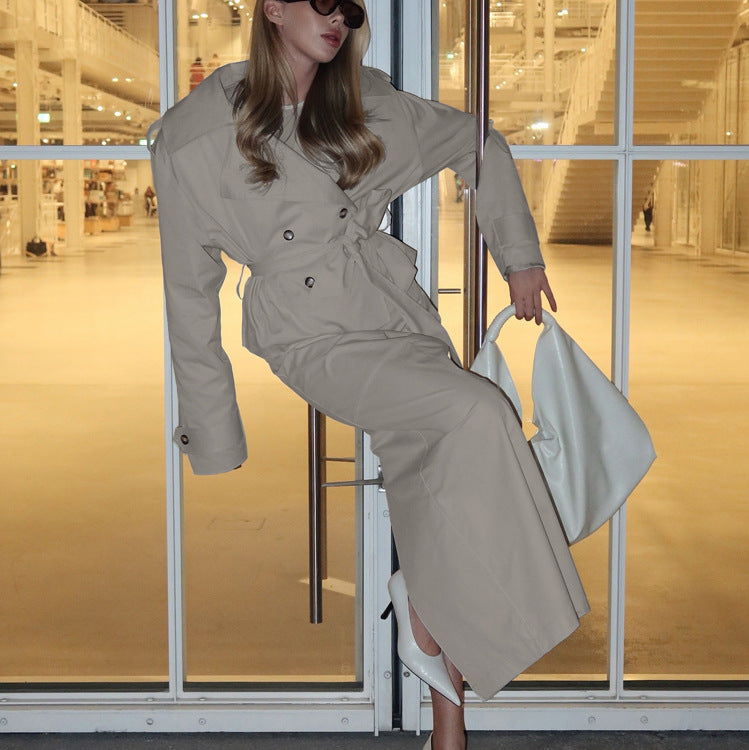 Turn-down Collar Long-sleeve Trench Coat And Commuter Two-piece Set