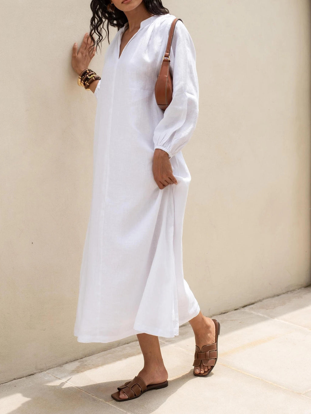Solid Color V-neck Long Sleeve Dress