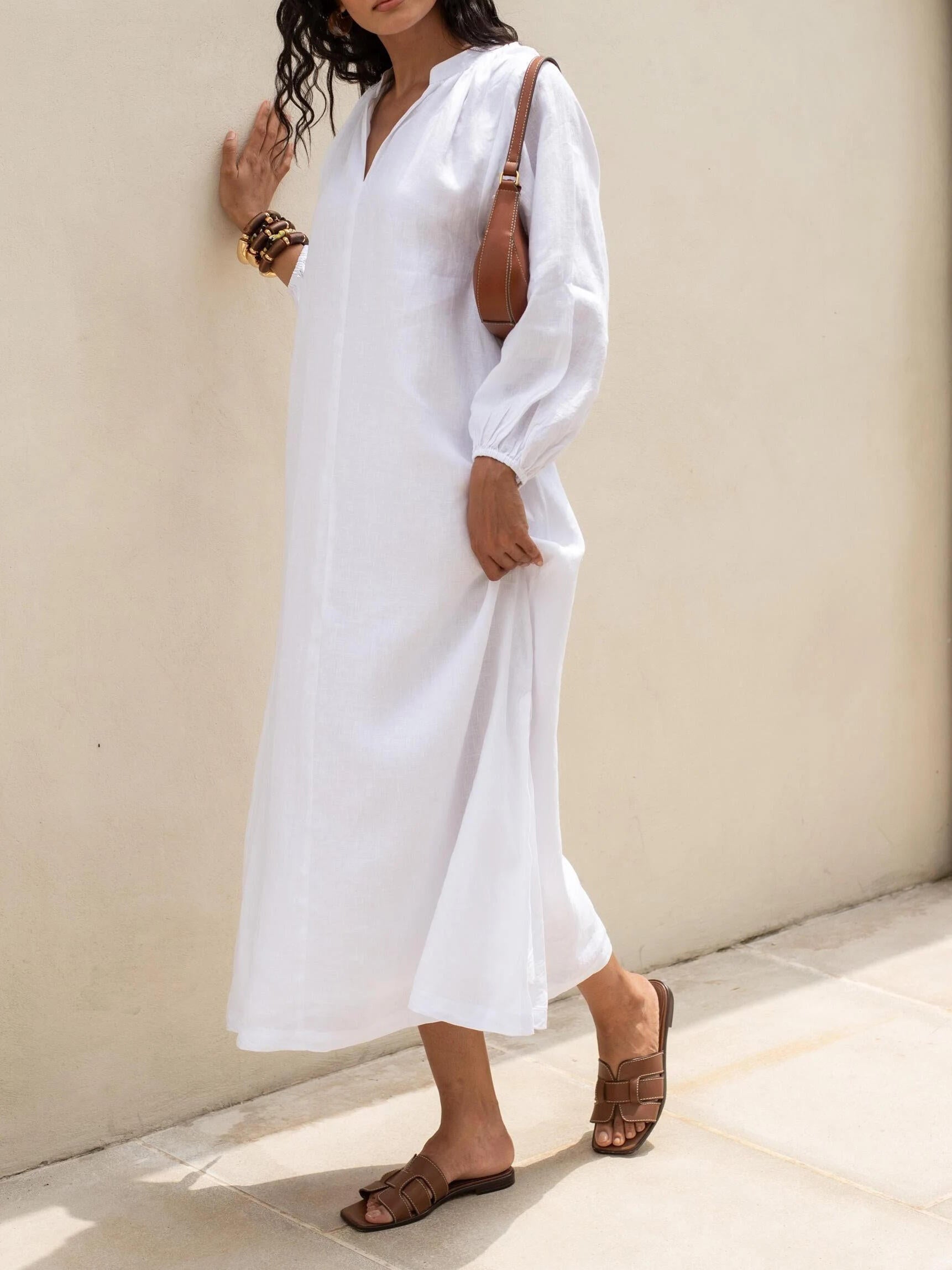 Solid Color V-neck Long Sleeve Dress