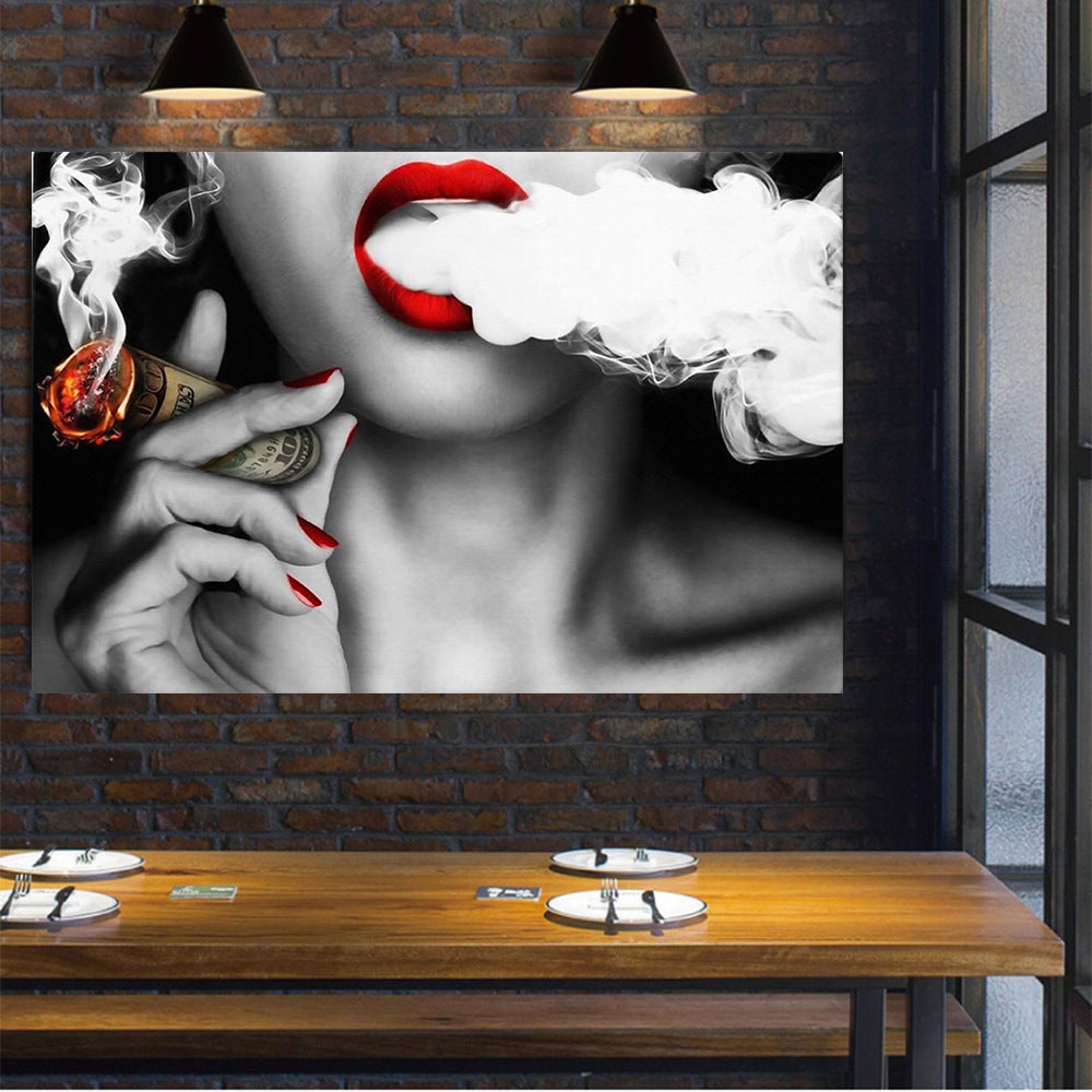 Sexy Red Lips Smoking Woman Vintage Decorative Painting