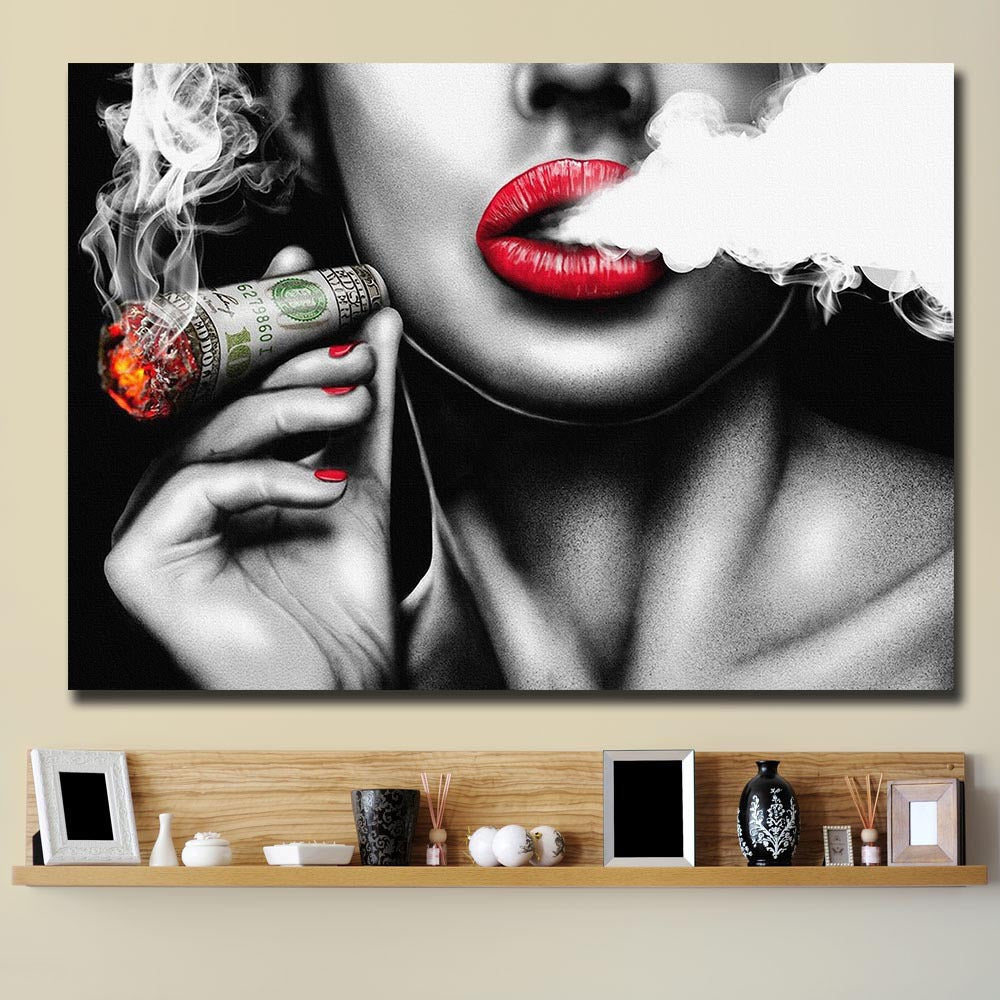 Sexy Red Lips Smoking Woman Vintage Decorative Painting