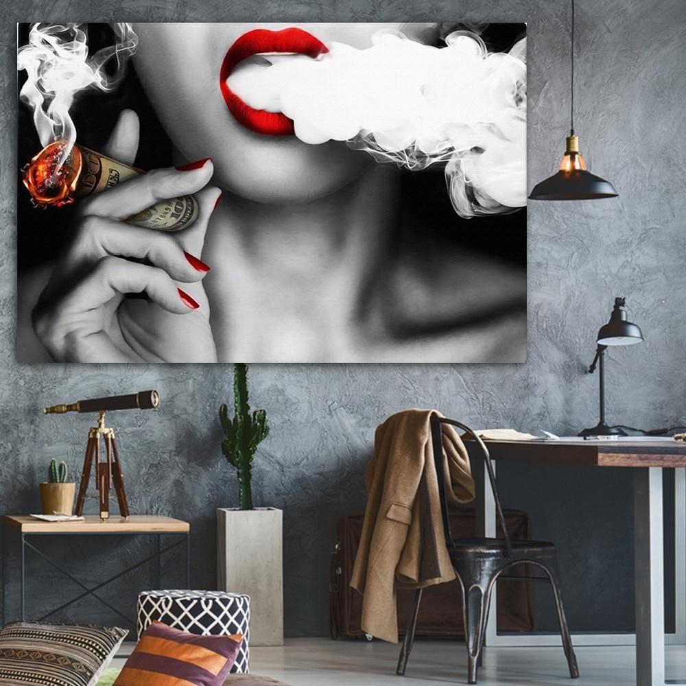 Sexy Red Lips Smoking Woman Vintage Decorative Painting