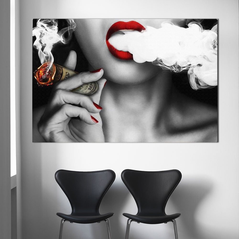 Sexy Red Lips Smoking Woman Vintage Decorative Painting