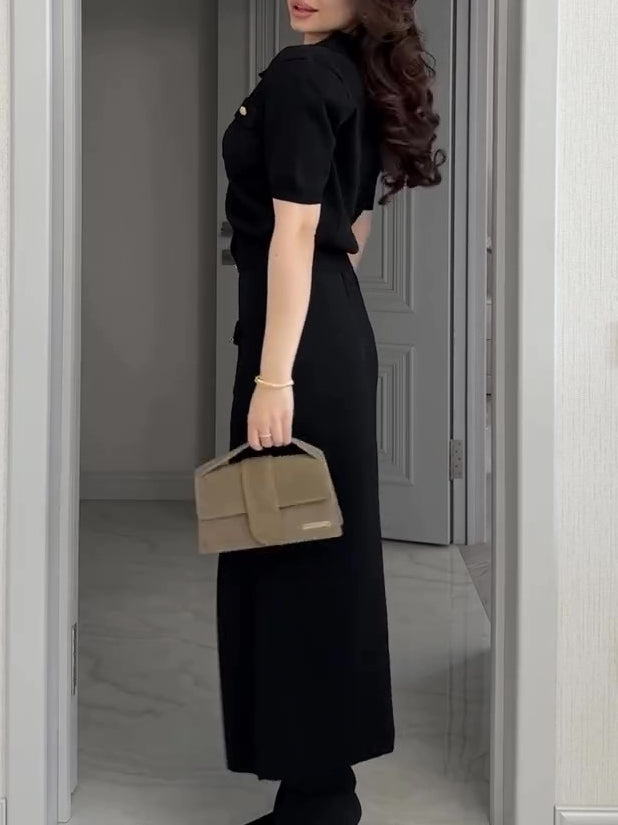 Lapel Short Sleeve Shirt & Single Button Skirt Set