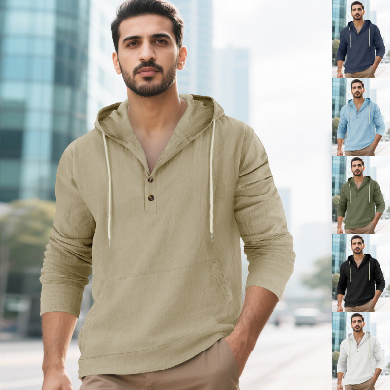 Hooded Long-sleeve Henley T-shirt With Large Pockets