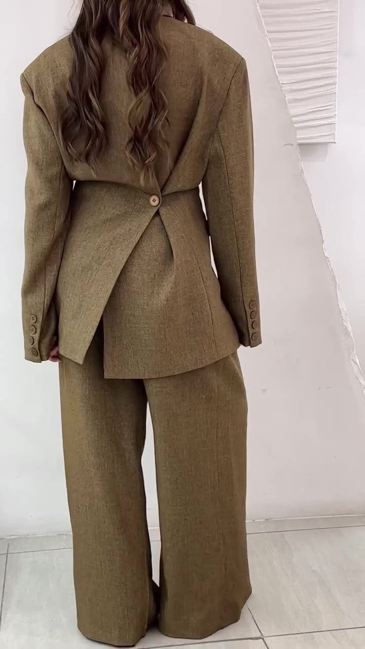 Solid Color Slit Back Buttoned Waist Blazer & High Waist Pants Set