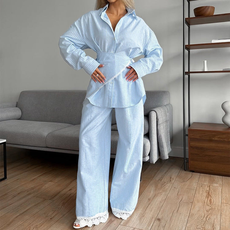 Patchwork Striped Lapel Long-sleeve Shirt Casual Wide-leg Pantsthree-piece Set