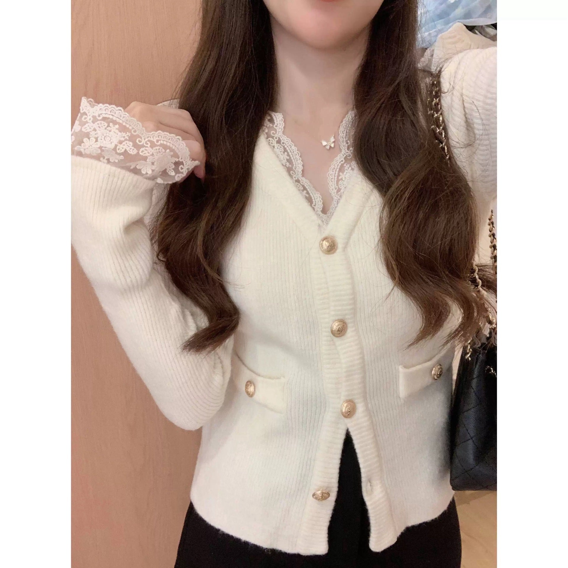 Elegant Lace V-neck Sweater With Golden Buttons