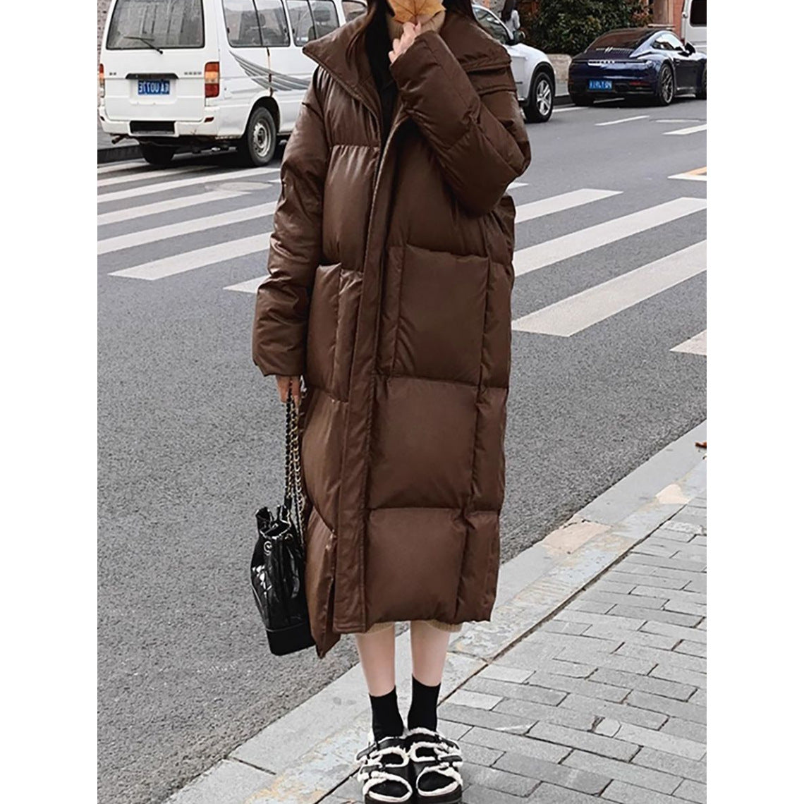 Coffee-colored Vintage Mid-length Padded Puffer Jacket