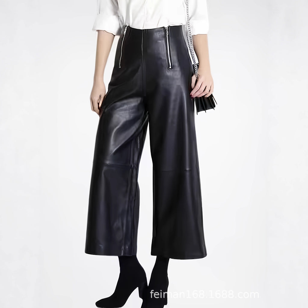 Solid-color Leather-patchwork Wide-leg Pants