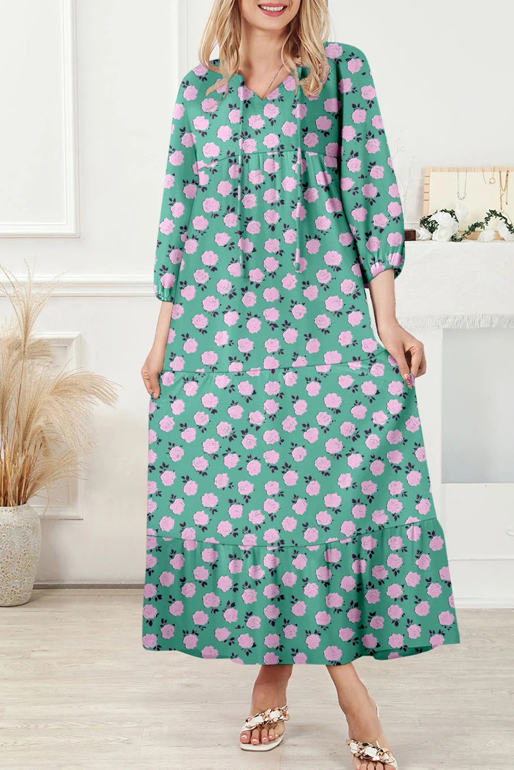 Women's Casual Loose Geometric Print Puff Sleeve Dress