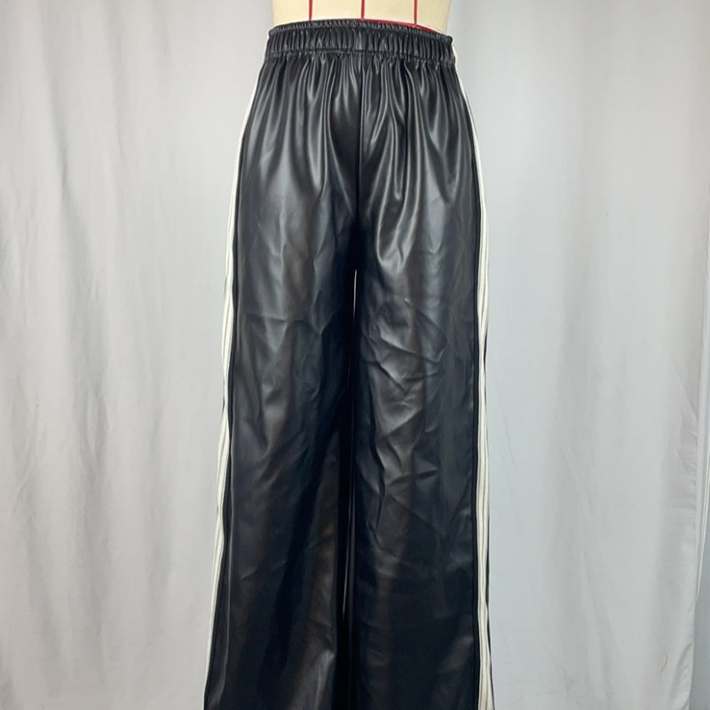 Solid-color Leather-patchwork Wide-leg Pants