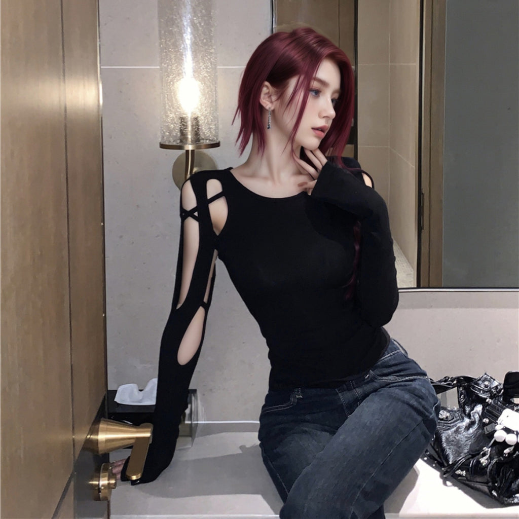 Long-sleeved Off-shoulder Cropped Hollow-out Women's Black T-shirt