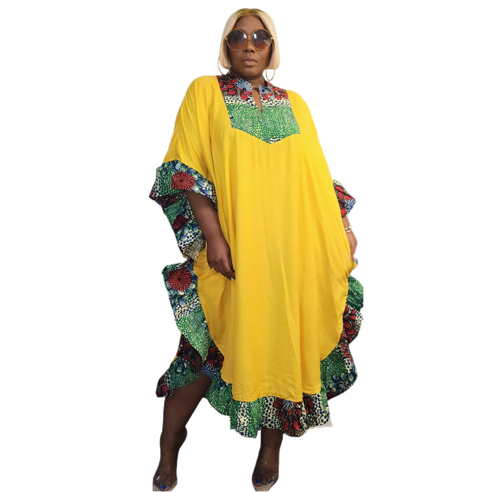 Lace-trimmed Printed Patchwork Plus-size Dress