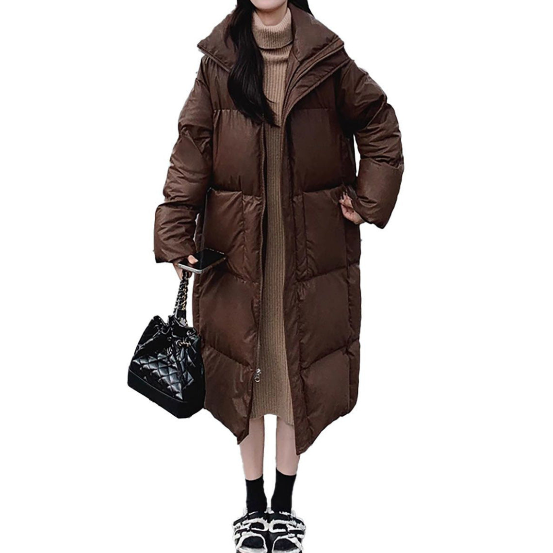 Coffee-colored Vintage Mid-length Padded Puffer Jacket