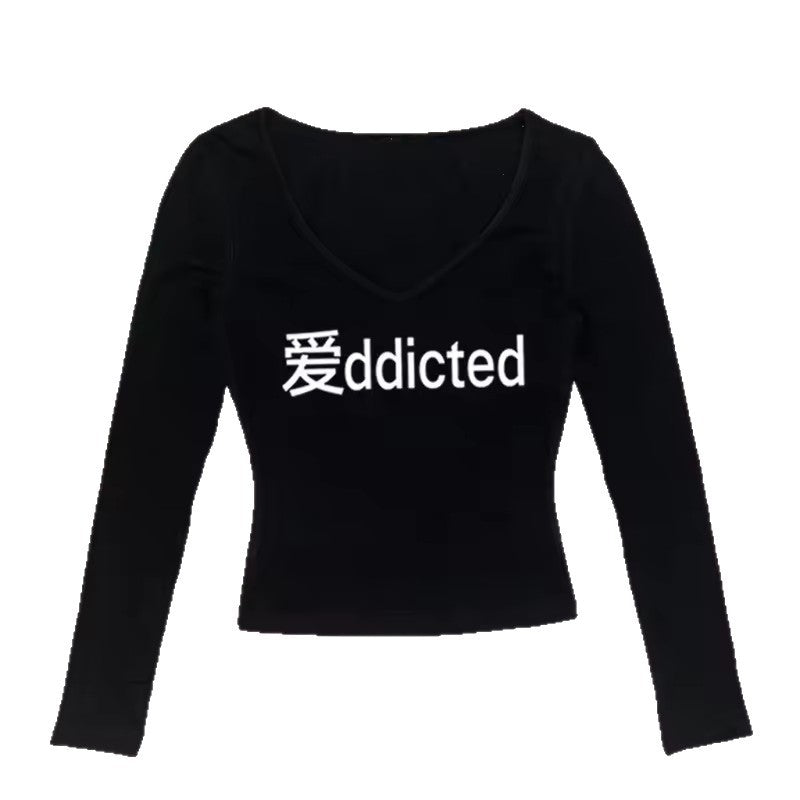 Letter-printed Slim-fit T-shirt Casual Long-sleeve Top