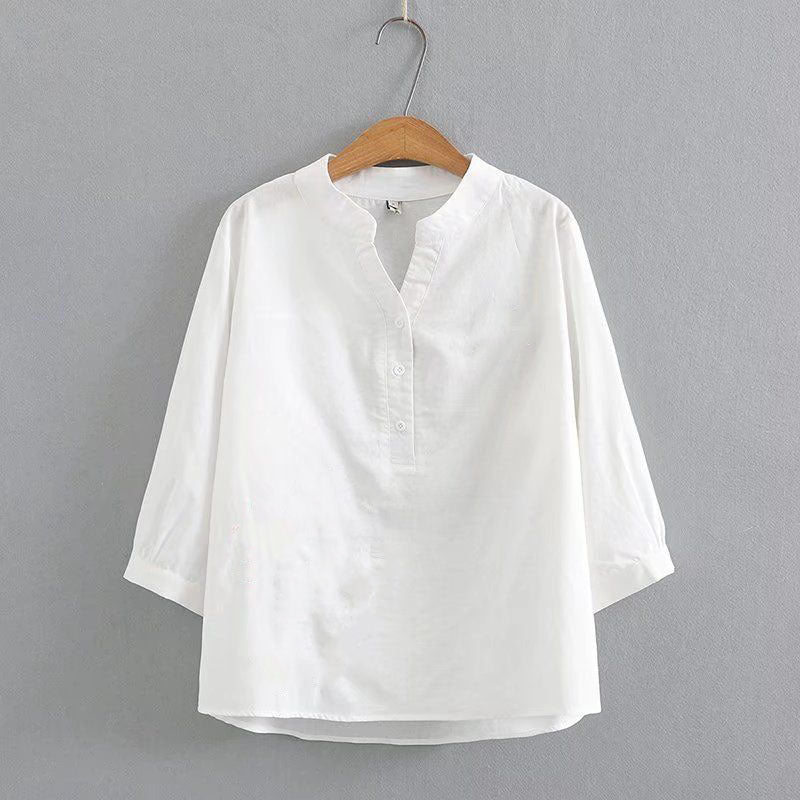Loose Cotton Linen Top Three-quarter Color Shirt