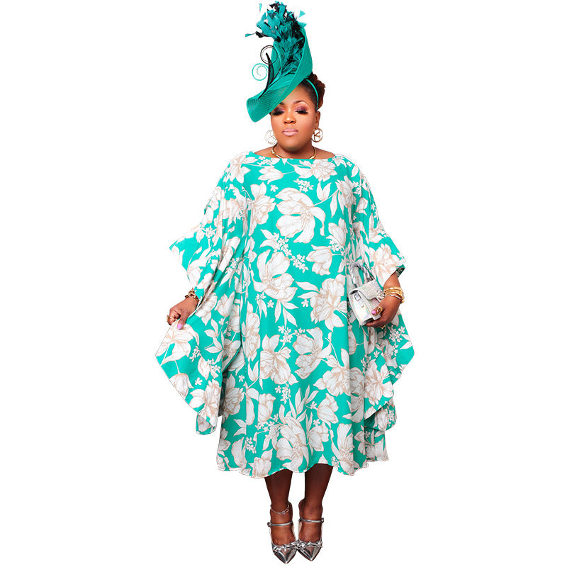 Women's Multi-color Split Skirt With Kimono Sleeves Plus-size Dress