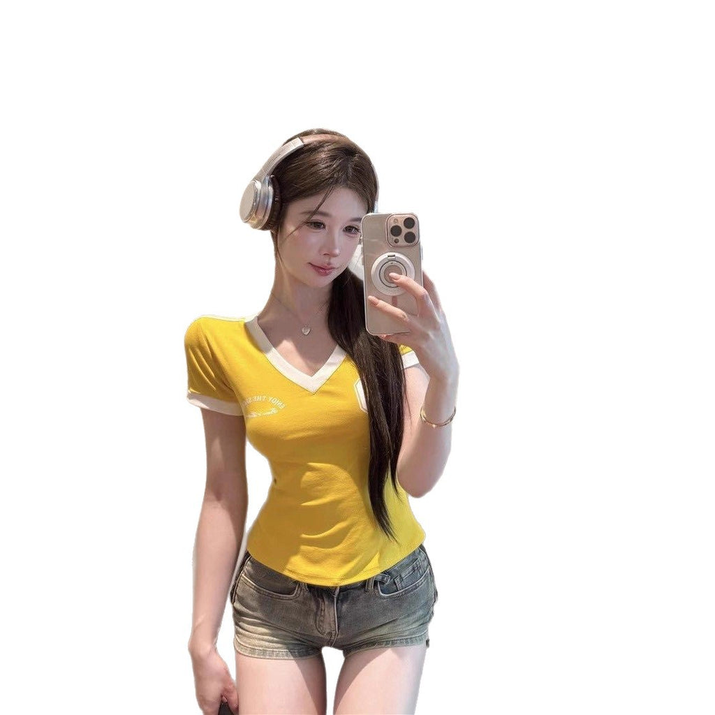 Retro-style V-neck Contrast-color Straight-shoulder Short Sleeves
