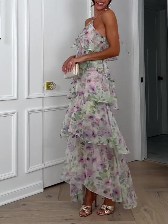 Floral Halterneck Sleeveless Ruffle Dress