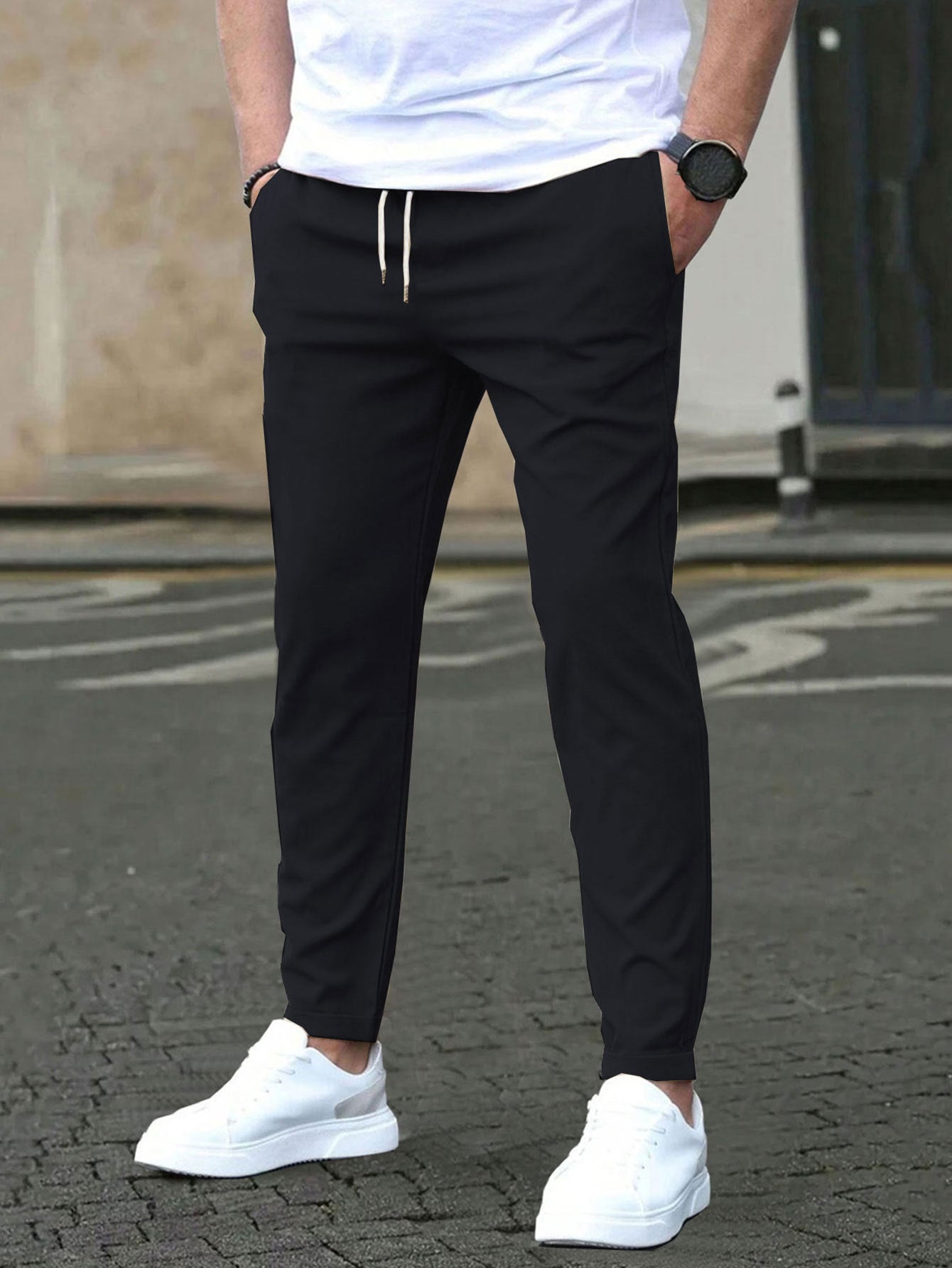 Casual Slim Fit Leather Tag Cropped Pants Solid Color Pants