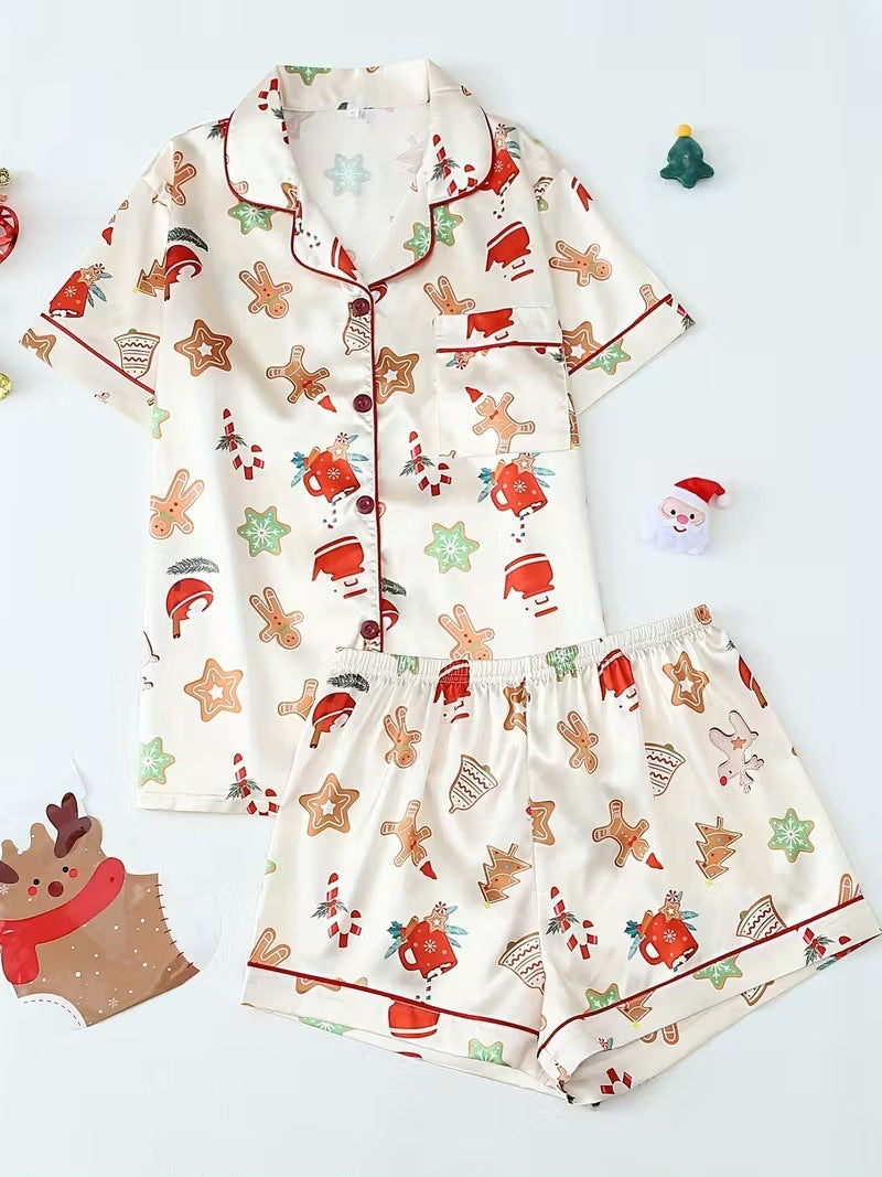 Cute Cartoon Pajama Set With A Turn-down Collar Short Sleeves
