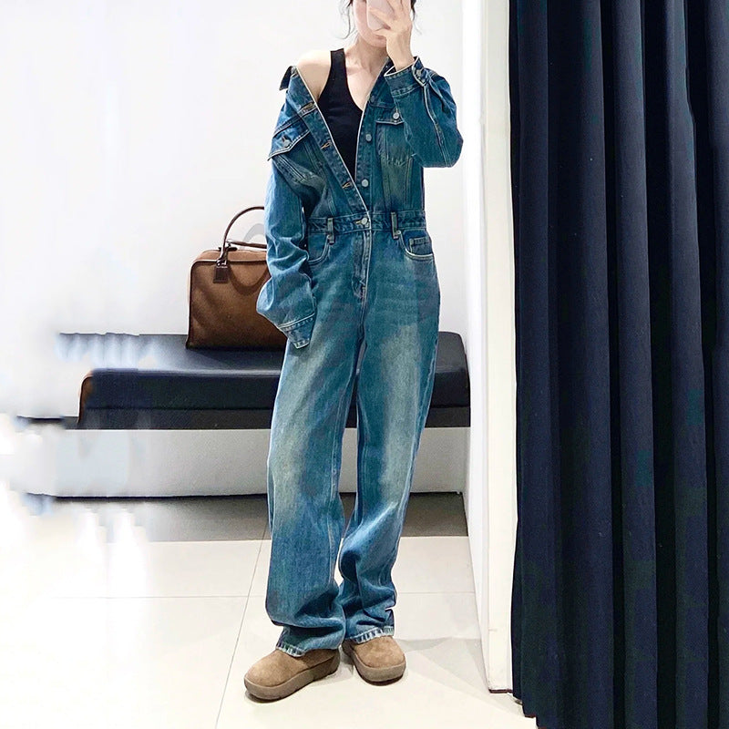 Women's Retro Washed Cotton High-Waist Straight-Leg Jumpsuit