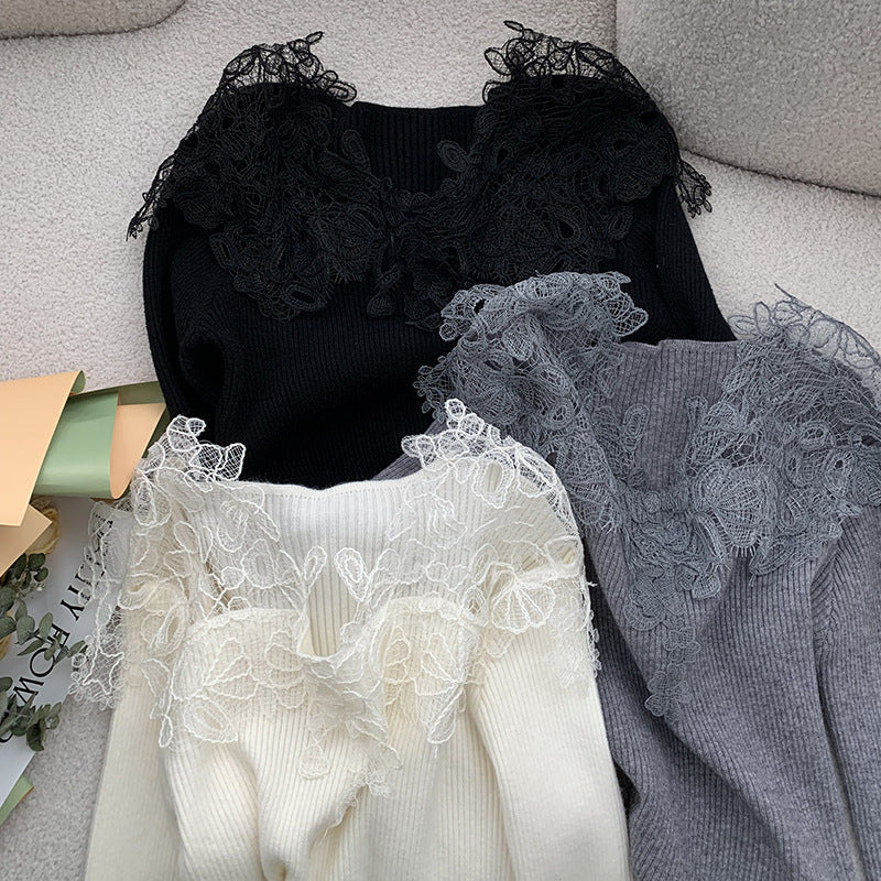 Hollow-out Lace Patchwork V-neck Knitted Sweater For Women, New AutumnWinter Style