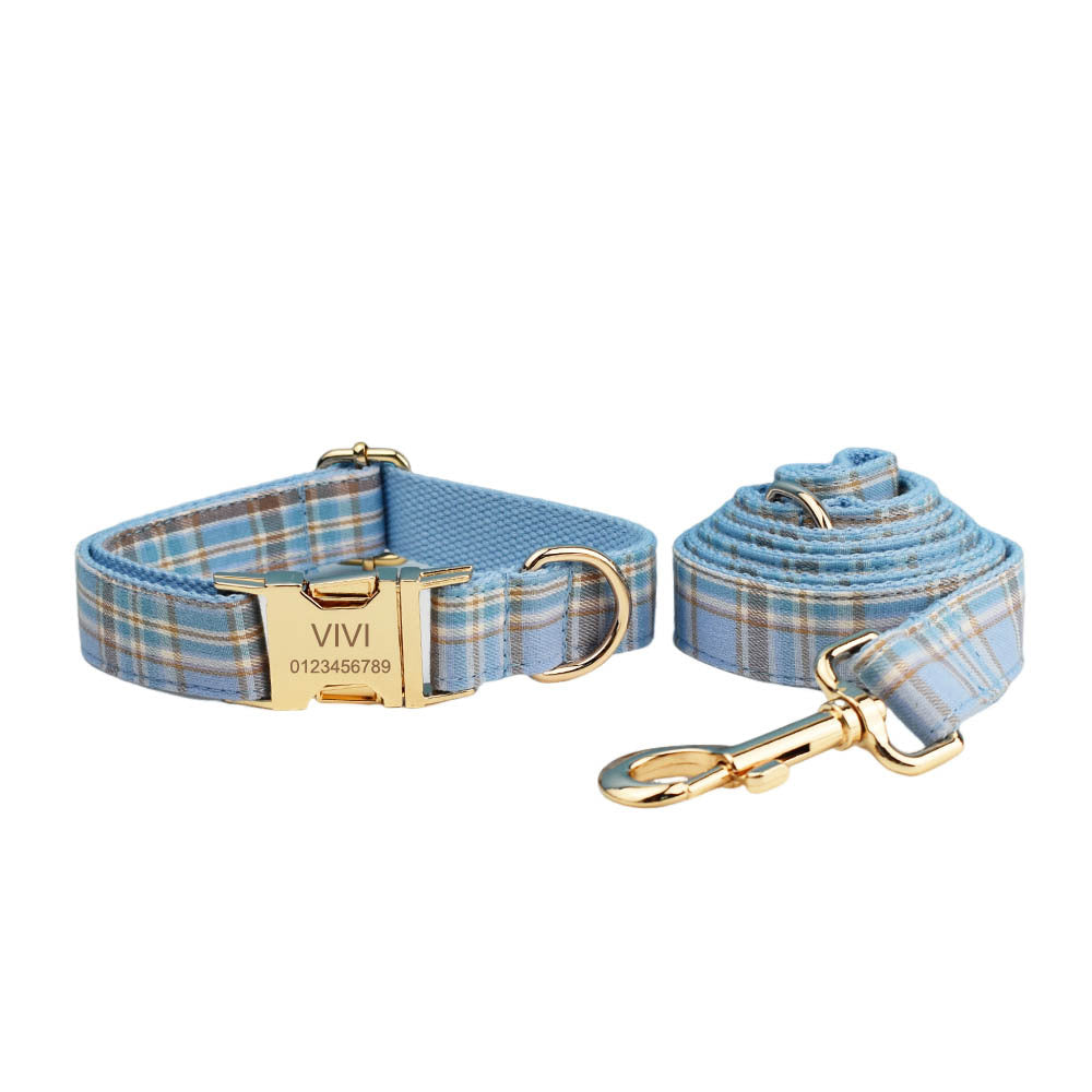 Sky Blue Grid Forest Series Dog Collar Traction Rope