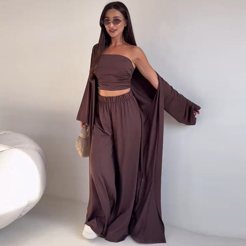 Casual Mid-calf Top Vest Long Cardigan Wide-leg Pants Three-piece Set