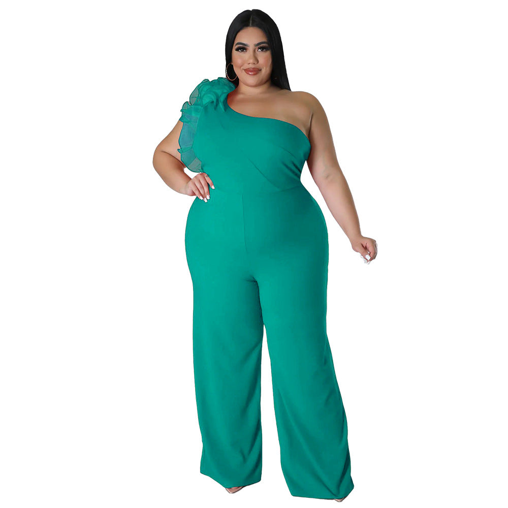 Plus-size Women's One-shoulder Mesh Wide-leg Pants